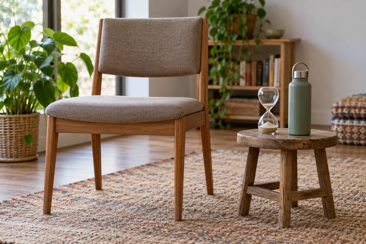 Illustration: A cushioned empty chair beside a sand timer and water bottle.