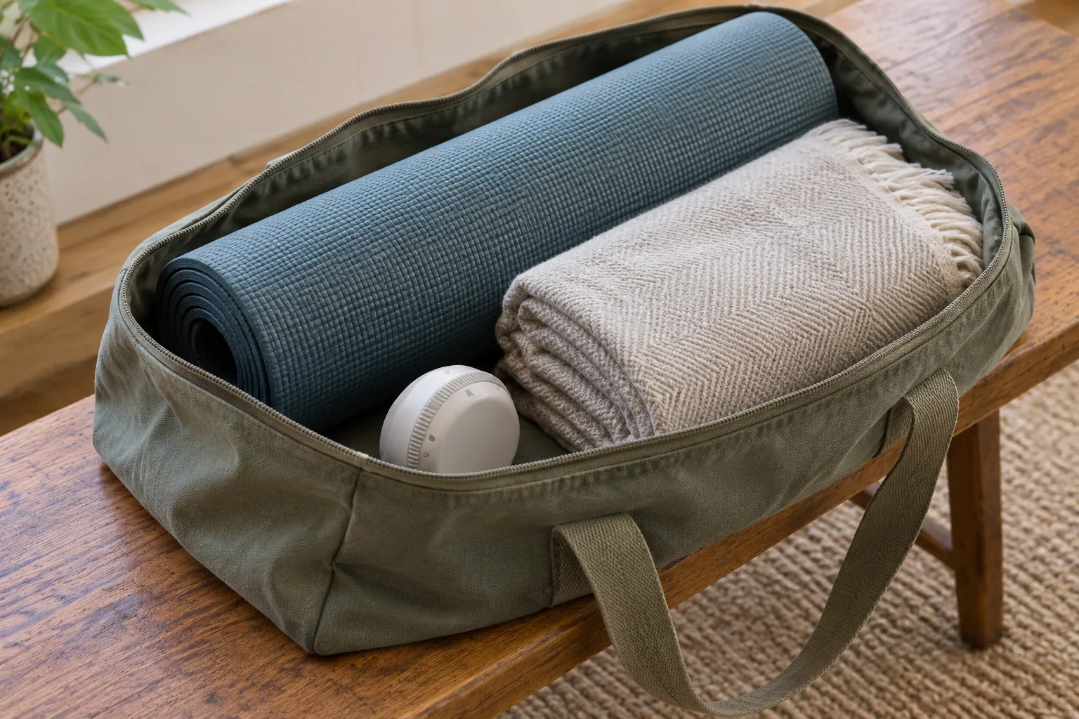 Illustration: A mat, blanket and face-away timer in a cloth carrier on a bench.