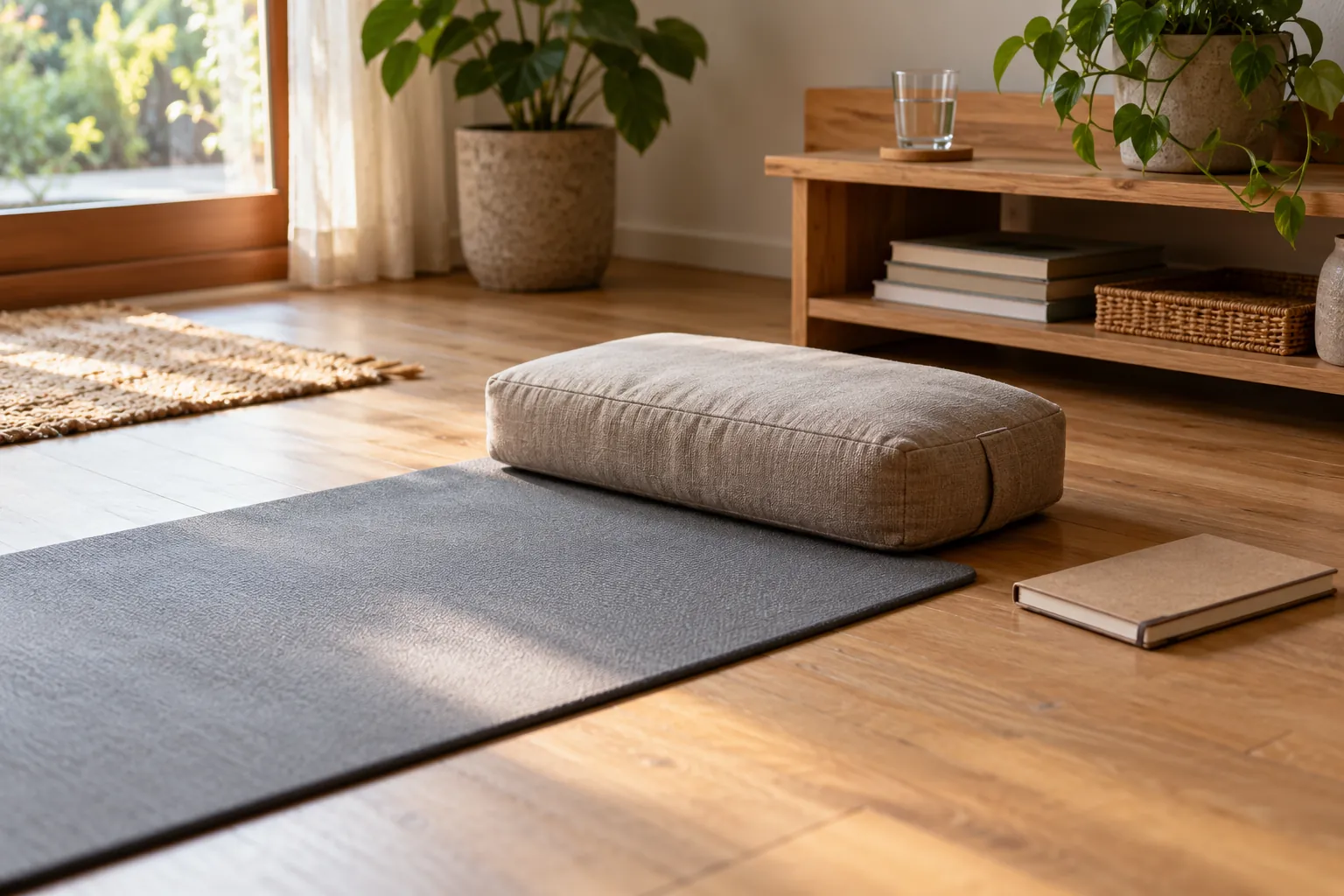 Illustration: A mat, cushion and closed notebook beside a water glass on a low shelf.