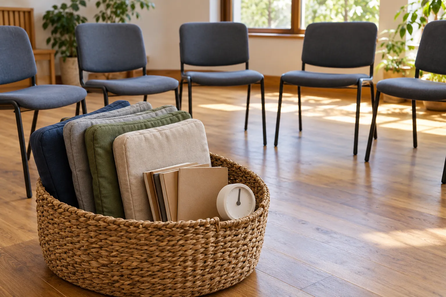 Illustration: Seat pads, blank notebooks and a timer beside empty community-room chairs.