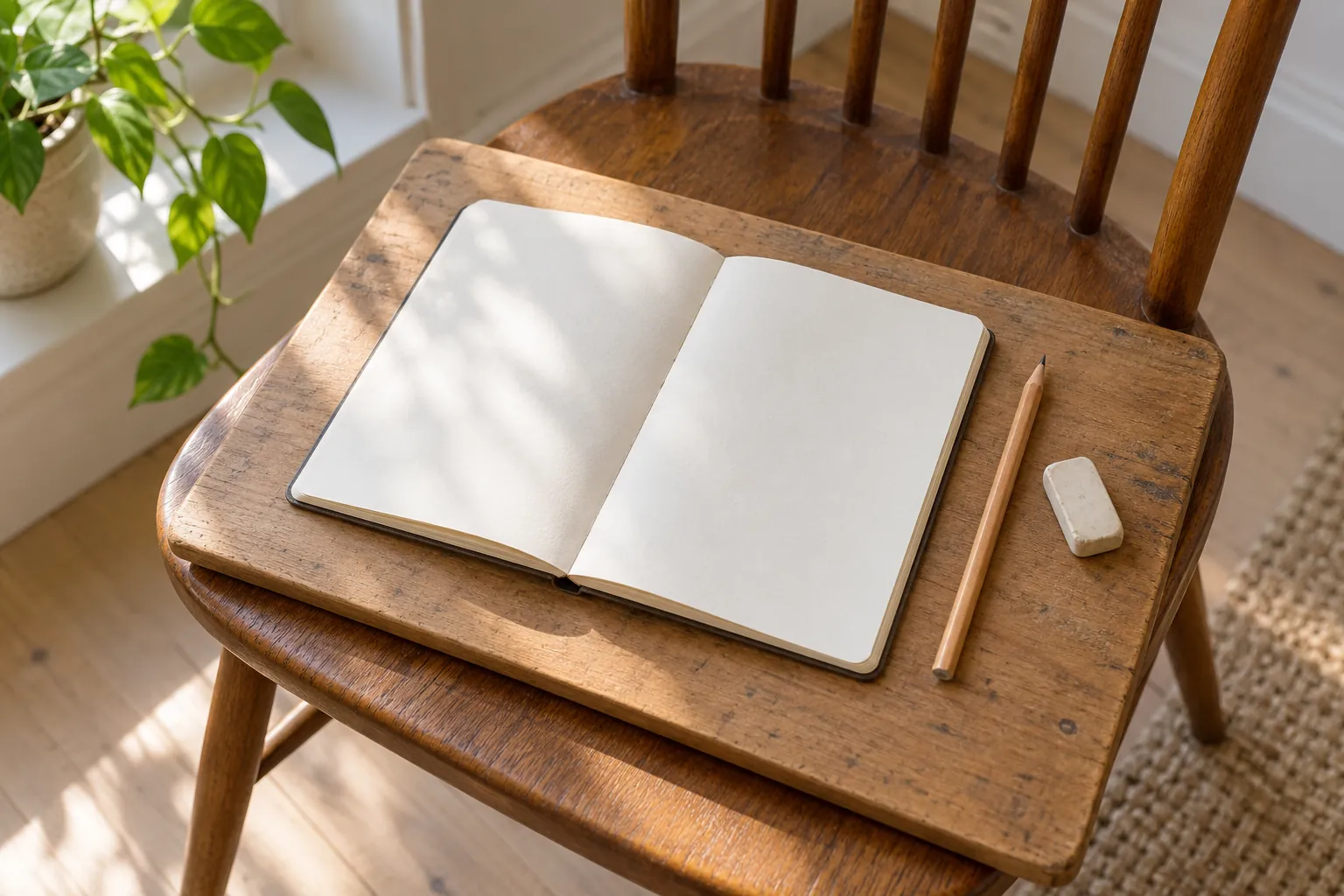 Illustration: A blank notebook, pencil and eraser on a writing board across an empty chair.
