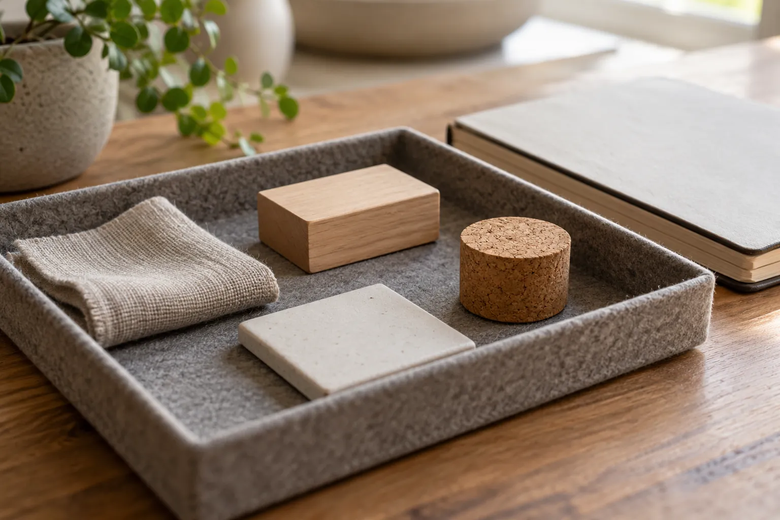 Illustration: Linen, wood, cork and ceramic textures in a felt tray beside a notebook.