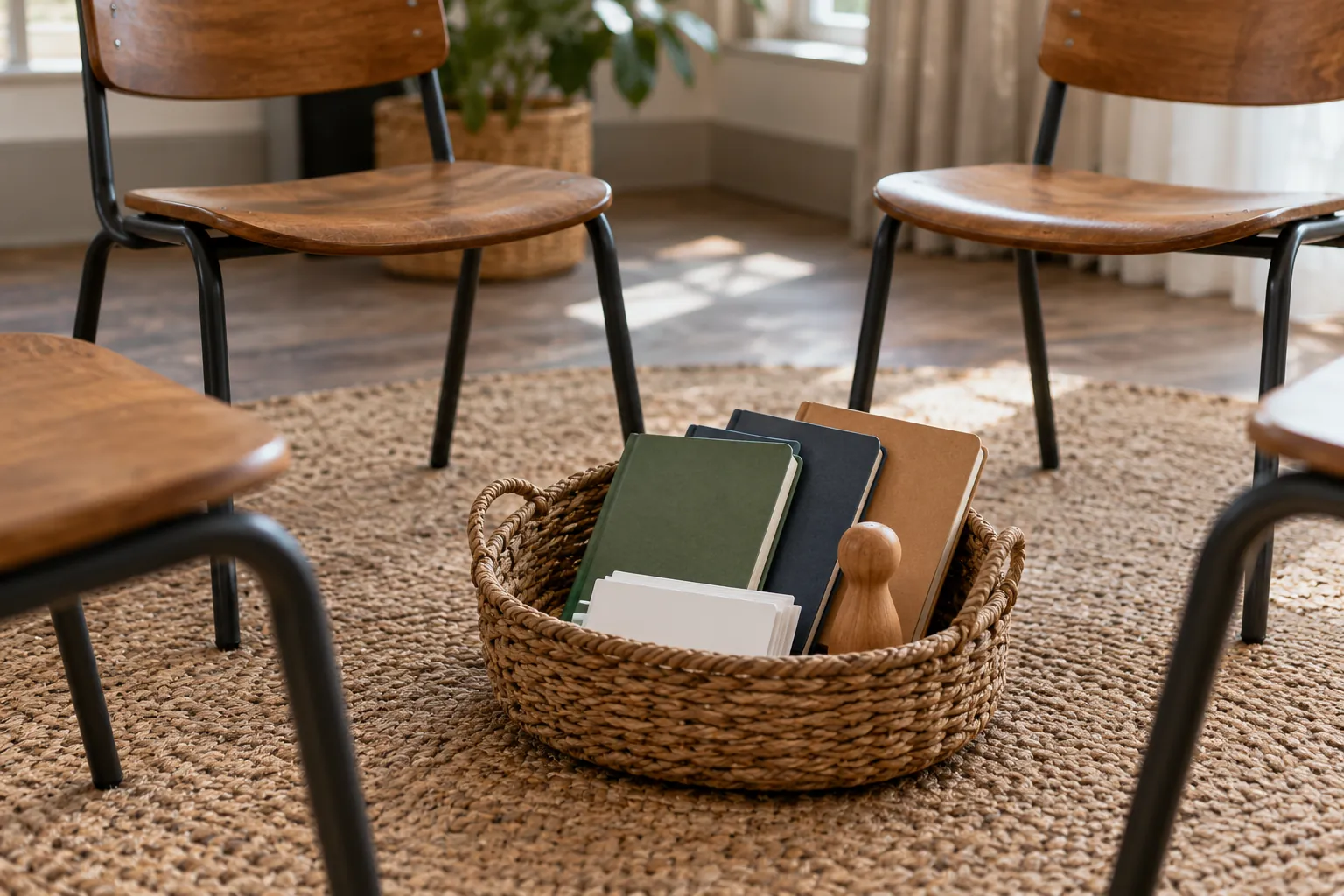 Illustration: A wooden turn-taking piece, blank cards and notebooks inside an empty chair circle.