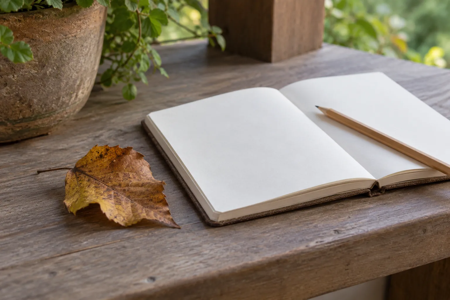 Illustration: A fallen leaf, blank notebook and pencil on a covered veranda shelf.