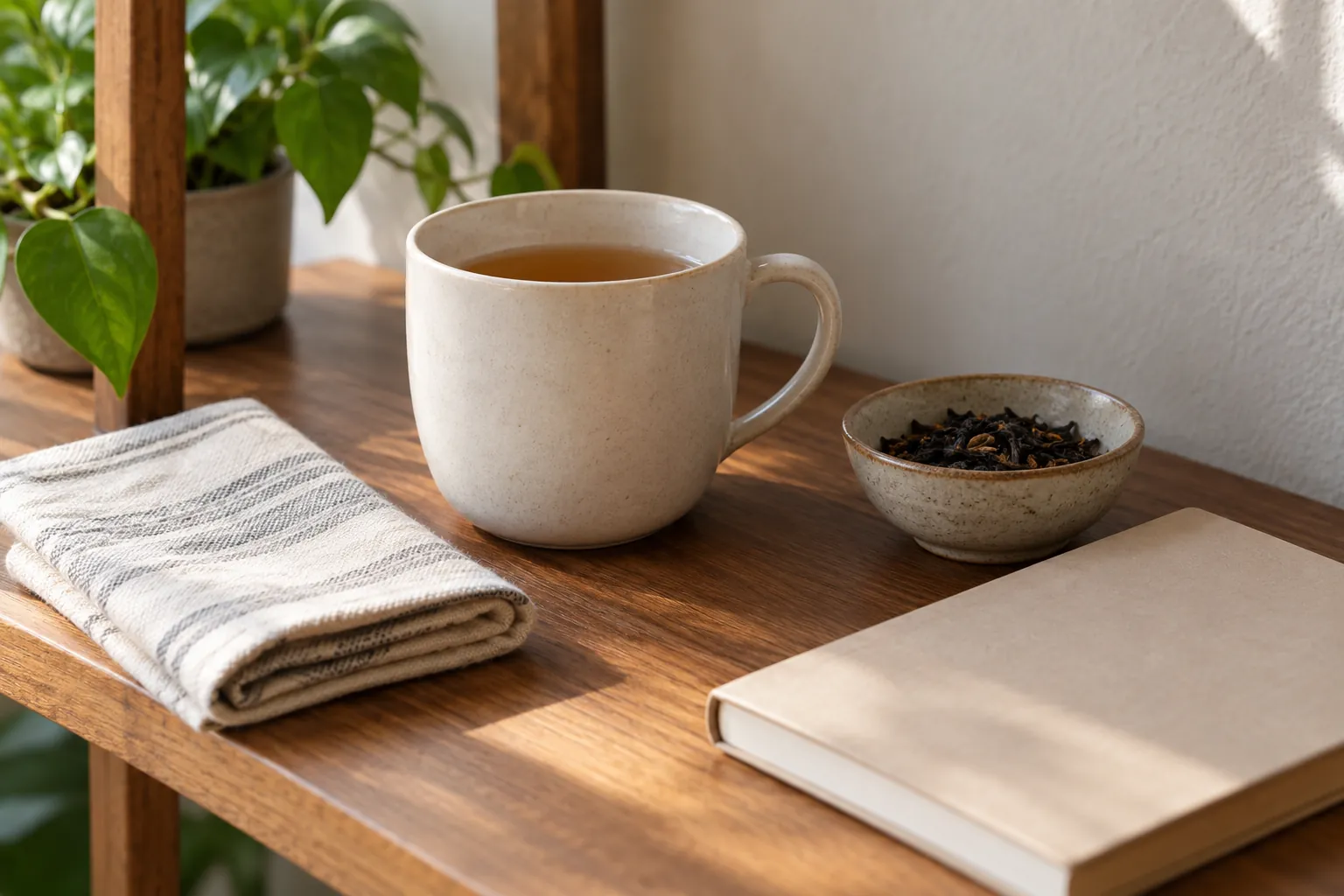 Illustration: A plain cup, cotton napkin, dry tea leaves and notebook on a side shelf.