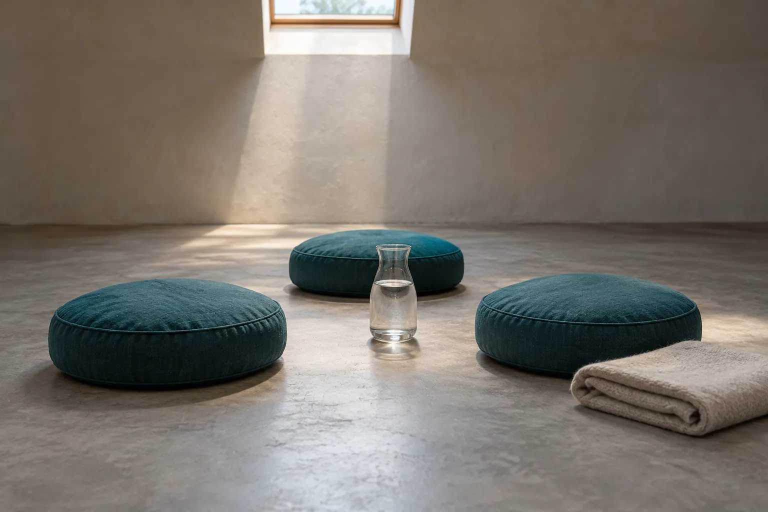 Illustration: Three low teal cushions surround a small plain water jug on a gray floor beneath a narrow skylight, with a single folded blanket, shown wide and calm.