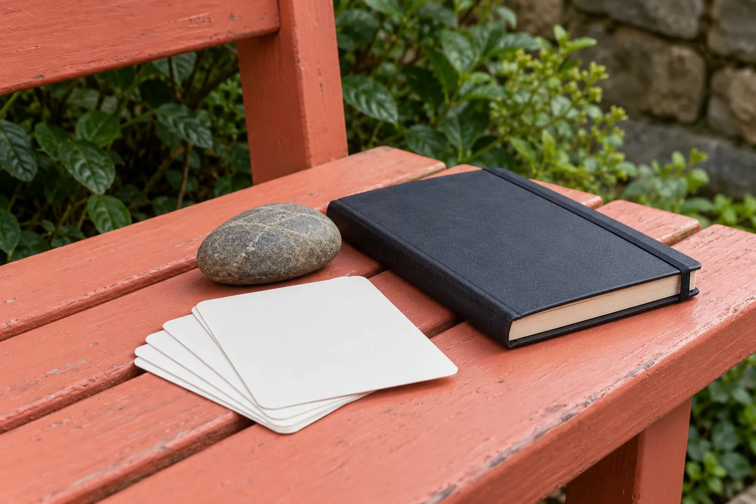 Illustration: Blank reflection cards, a smooth stone and closed dark journal rest on a coral-painted bench in a sheltered garden, seen close in overcast light.