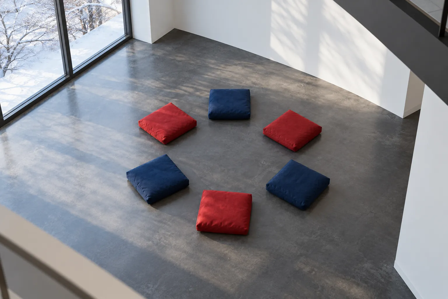 Illustration: Red and blue meditation cushions arranged in an empty white atrium.