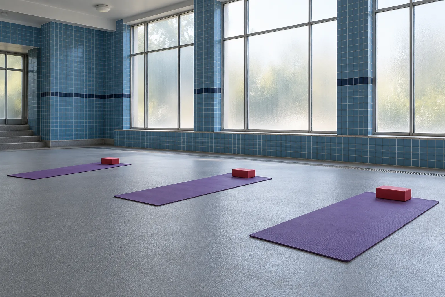 Illustration: Purple yoga mats and red blocks in a blue-tiled community room.