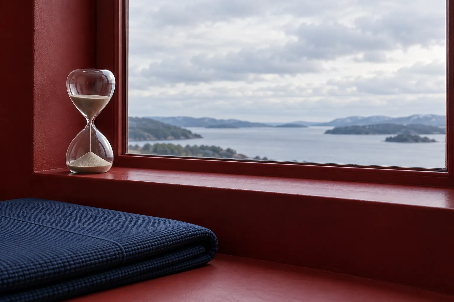 Illustration: A sand timer and folded mat in a deep-red window niche.