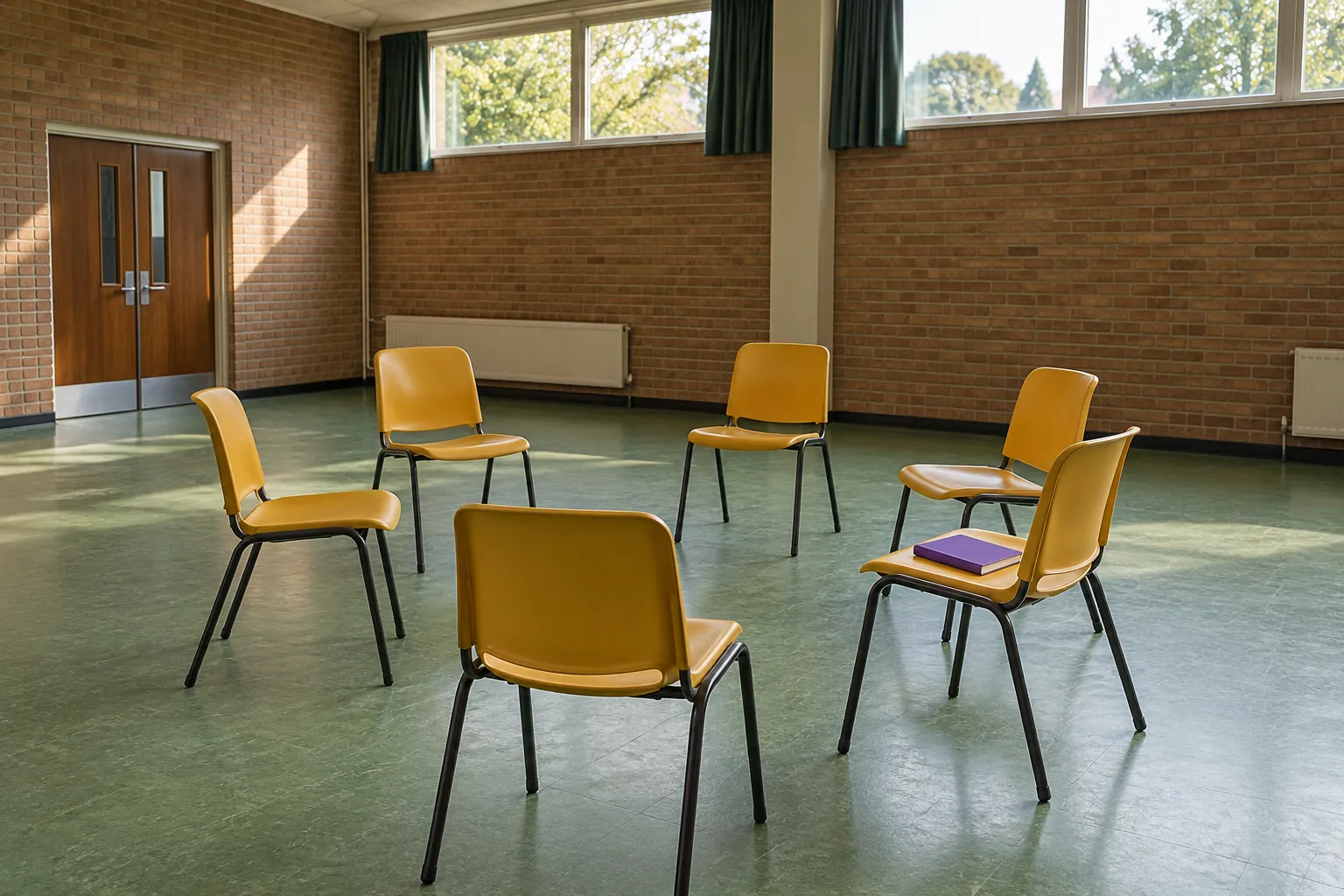 Illustration: Yellow chairs and a closed notebook in a brick mindfulness-discussion room.