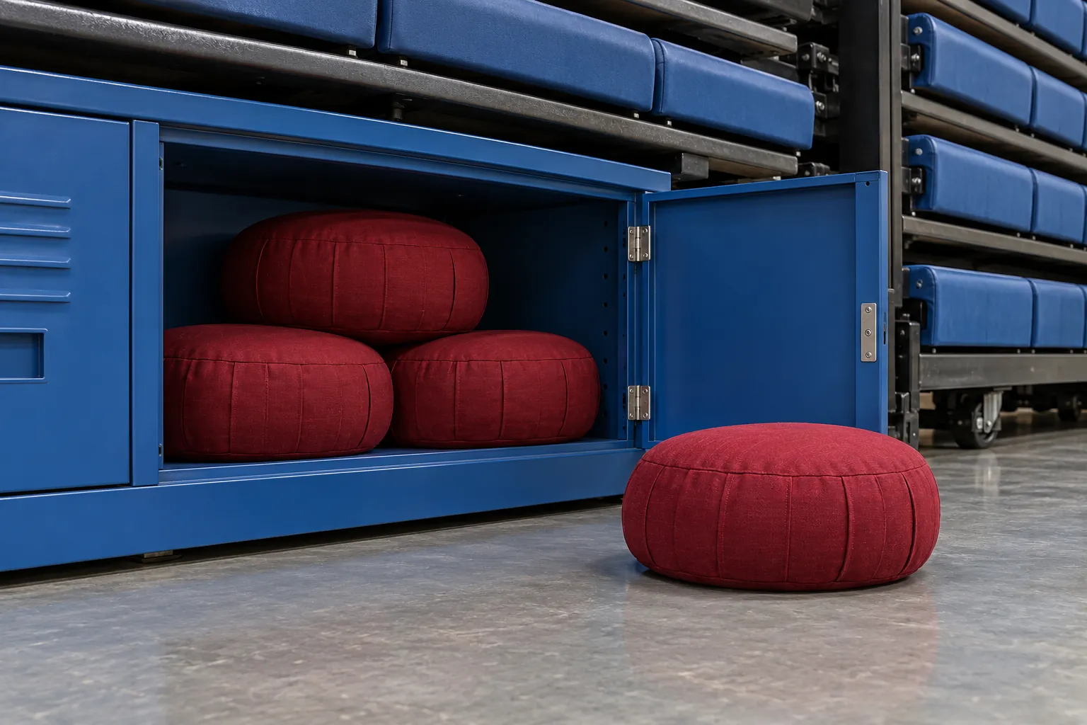 Illustration: Crimson meditation cushions stored beneath community-hall bleachers.