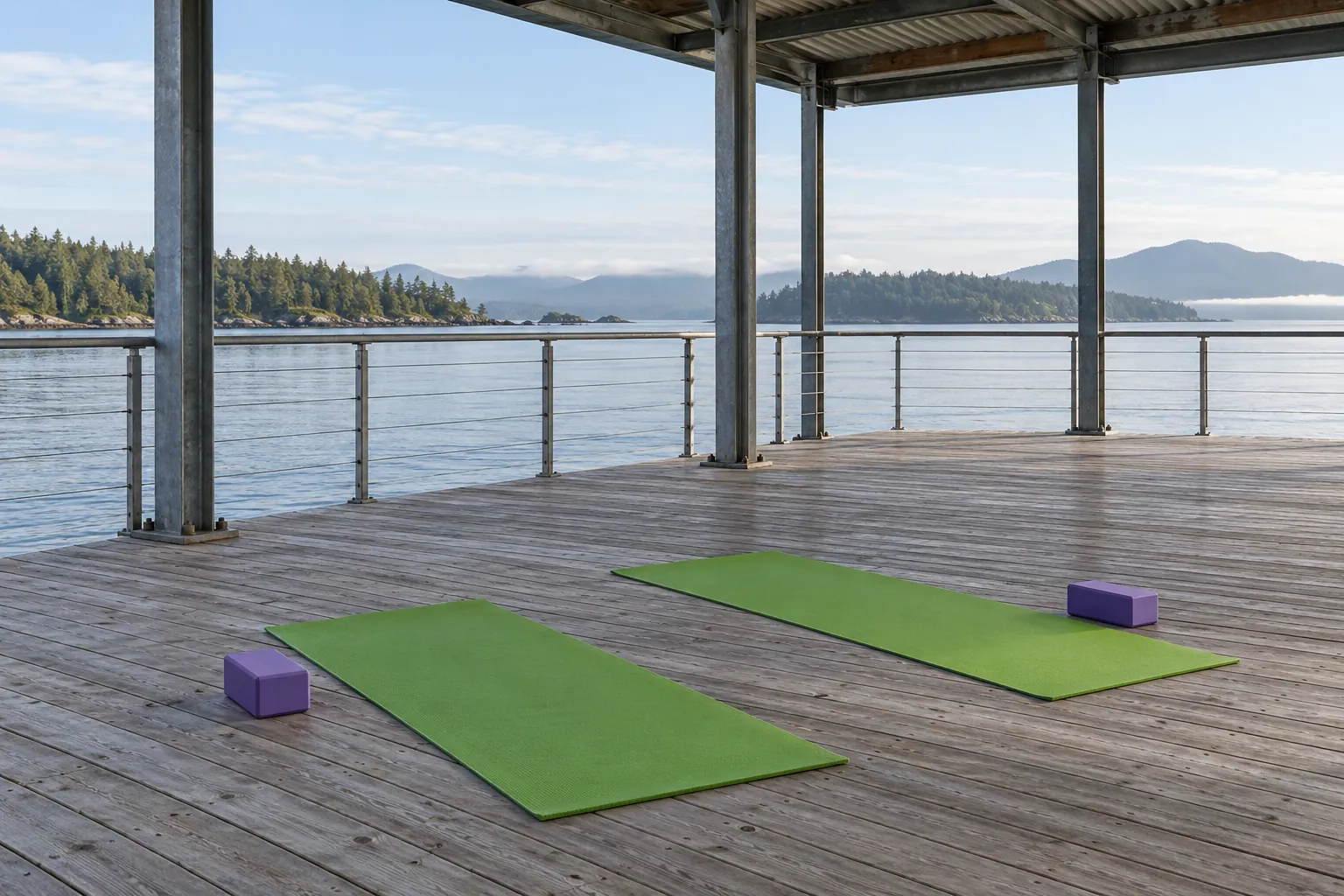 Illustration: Green yoga mats on an empty covered waterfront pier.