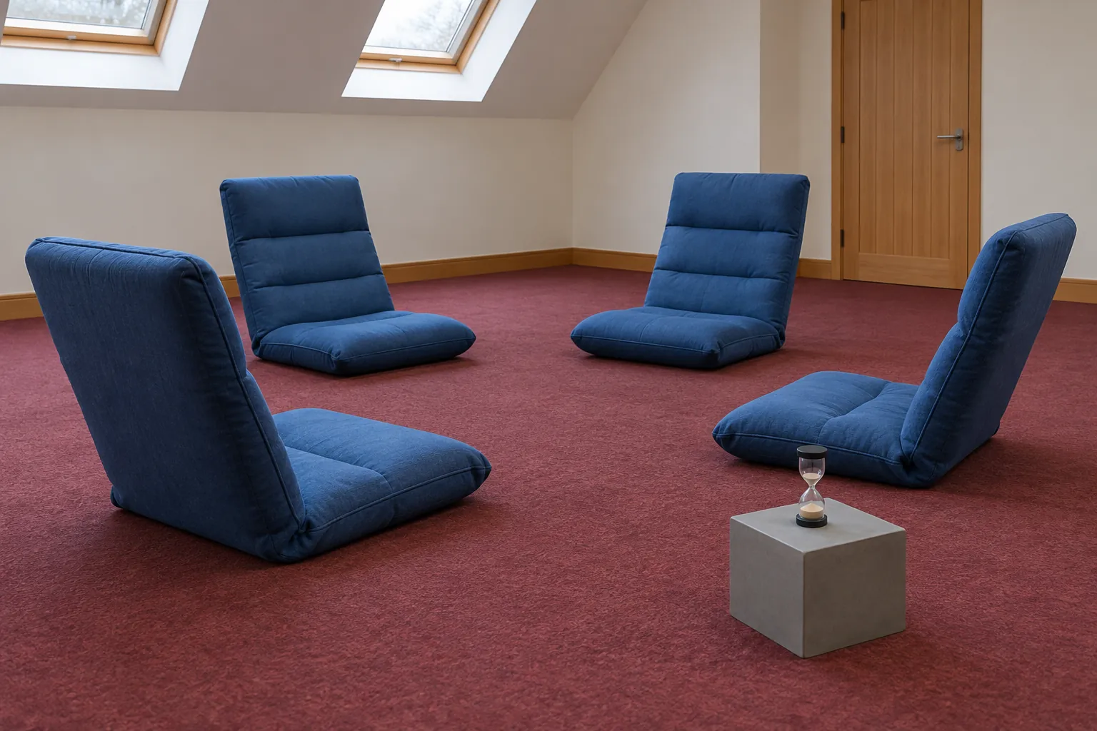 Illustration: Blue reclining floor chairs arranged for a quiet breathing session.