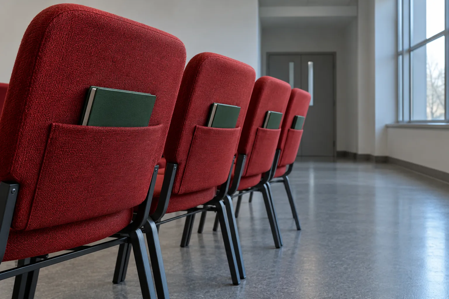 Illustration: Closed notebooks tucked into the pockets of red community-room chairs.