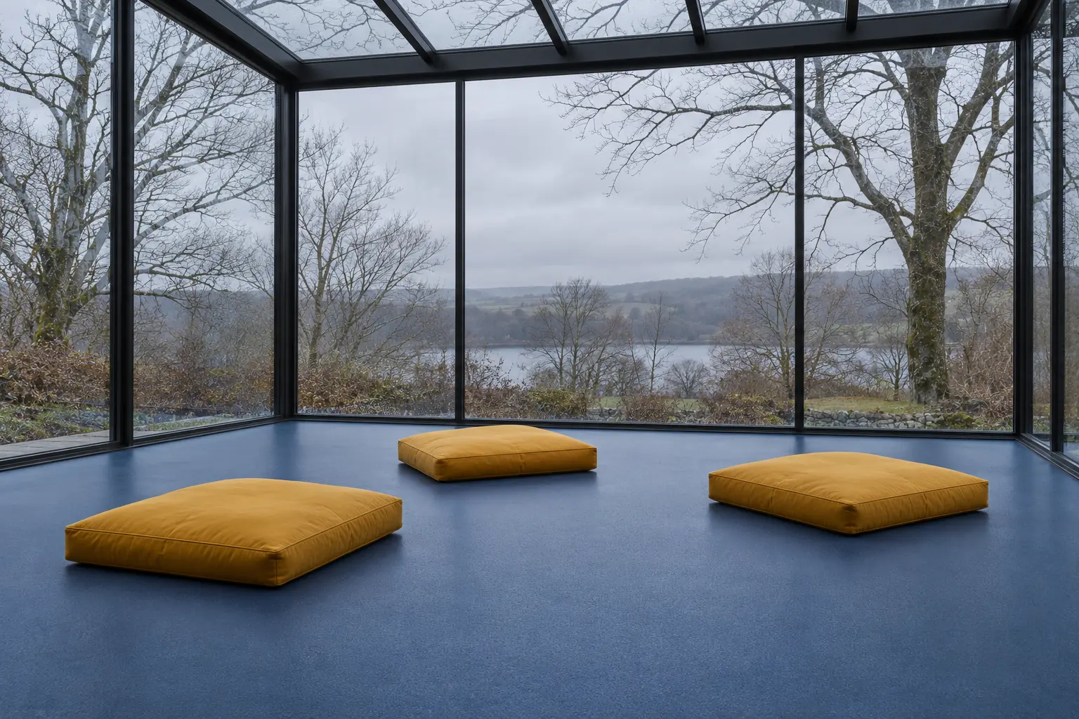 Illustration: Mustard meditation cushions in an empty glass garden room in winter.