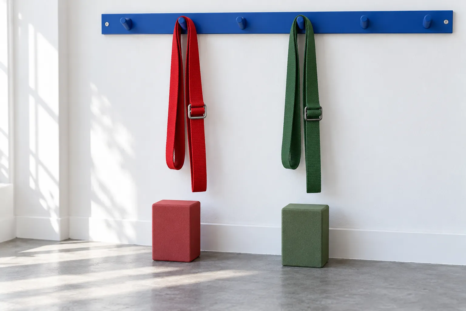Illustration: Yoga straps hanging from a cobalt rail above plain foam blocks.