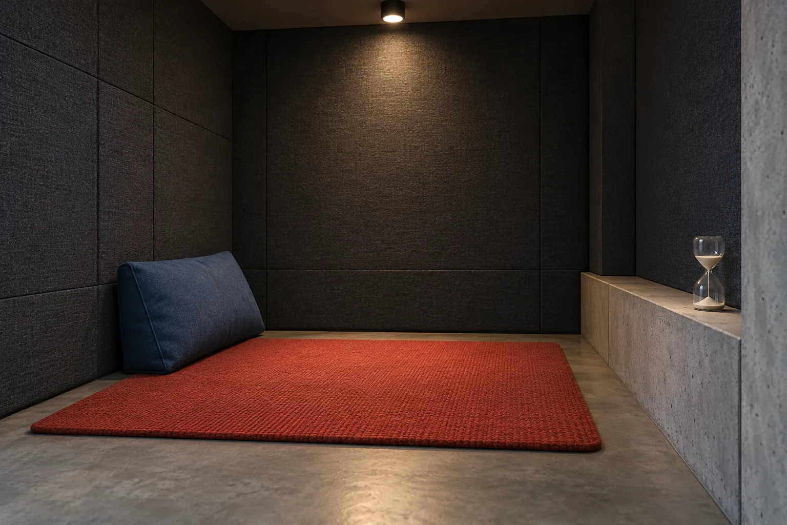Illustration: A red mat, support cushion and timer in an empty acoustic nook.