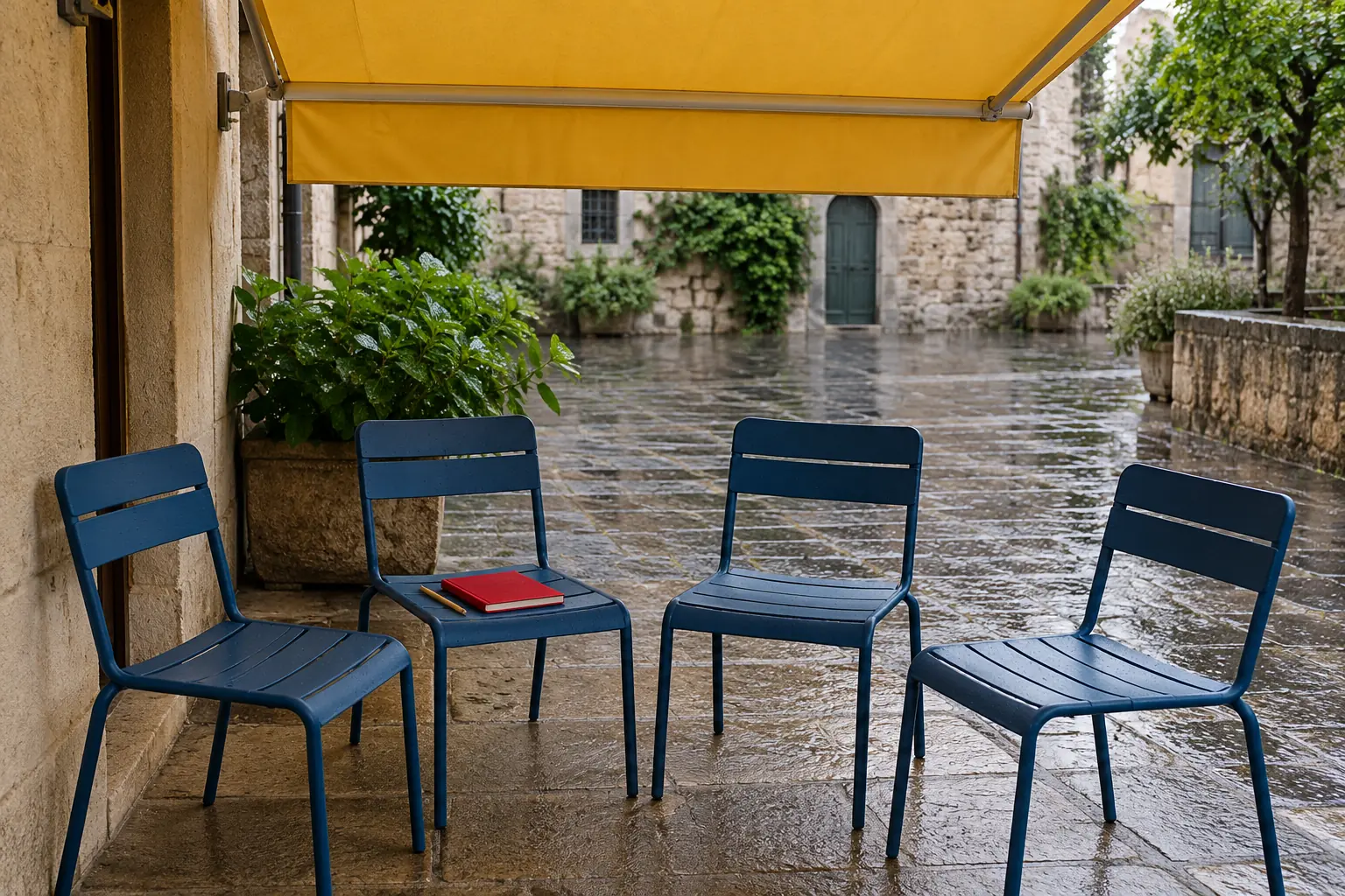 Illustration: Blue courtyard chairs and a notebook beneath a yellow awning after rain.