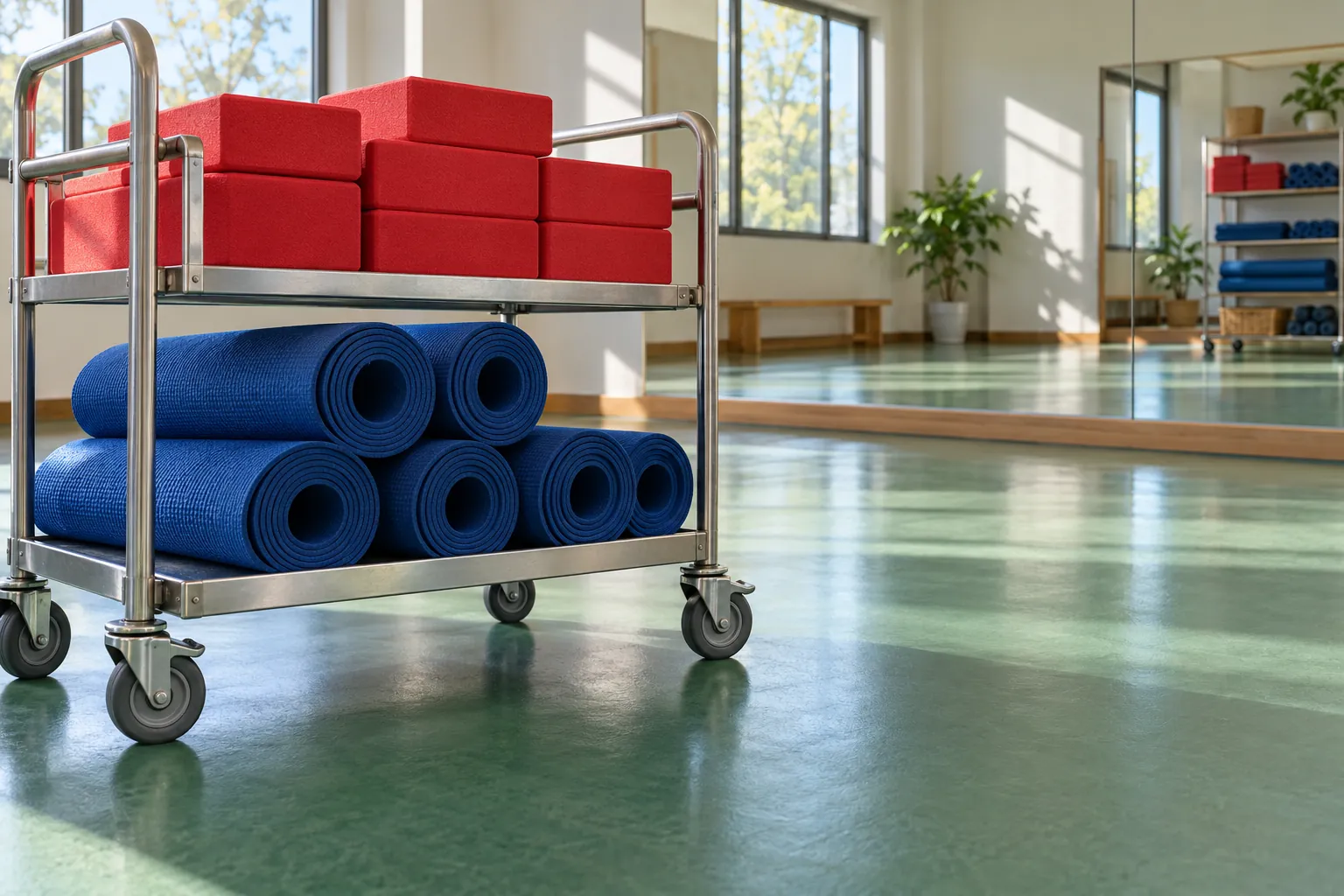 Illustration: Yoga blocks and mats on a silver studio trolley.