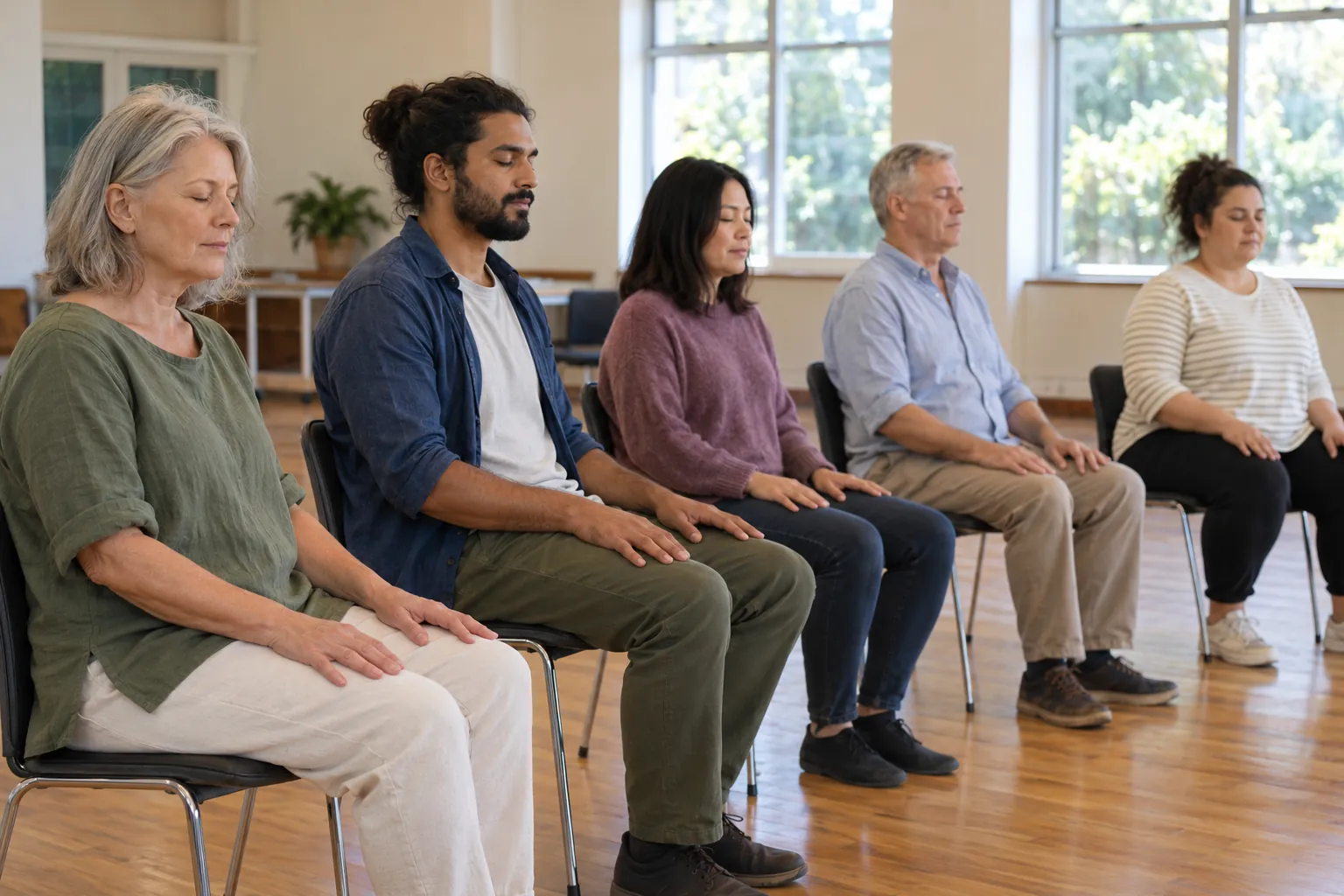 Illustration: Adults practice seated meditation in a community hall.