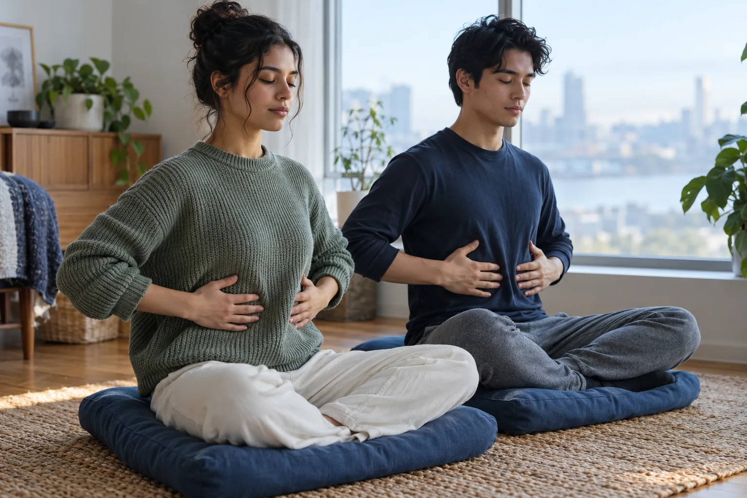Illustration: Two young adults practice a calm breathing exercise beside a broad window.