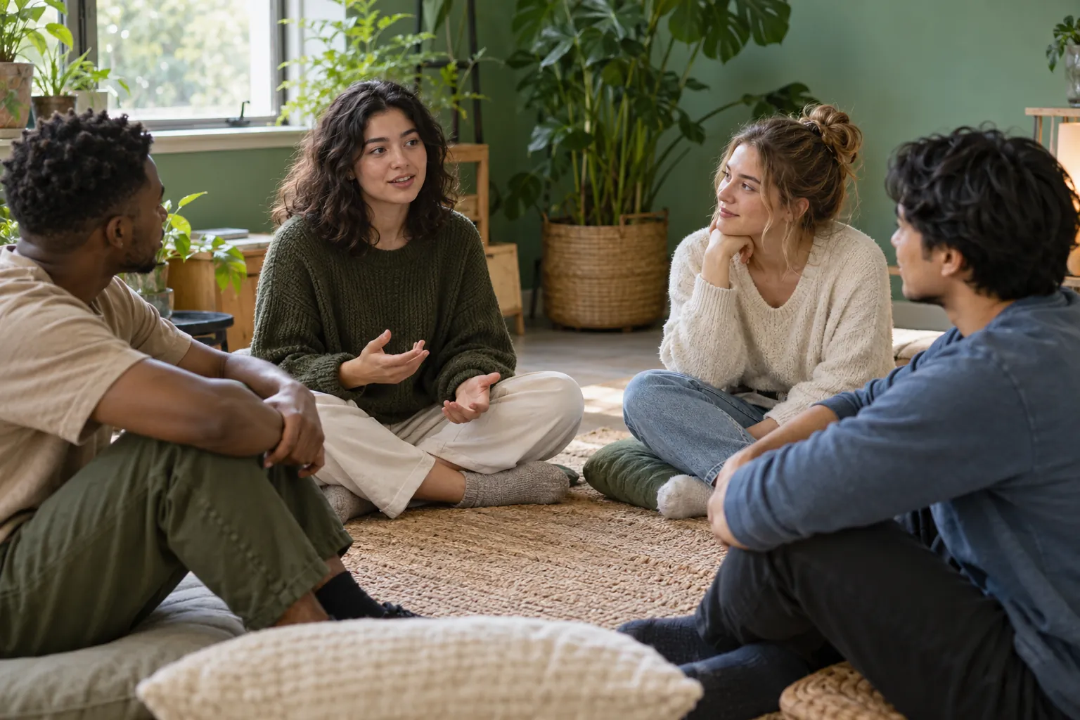Illustration: Young adults share observations after a mindfulness exercise in a green room.
