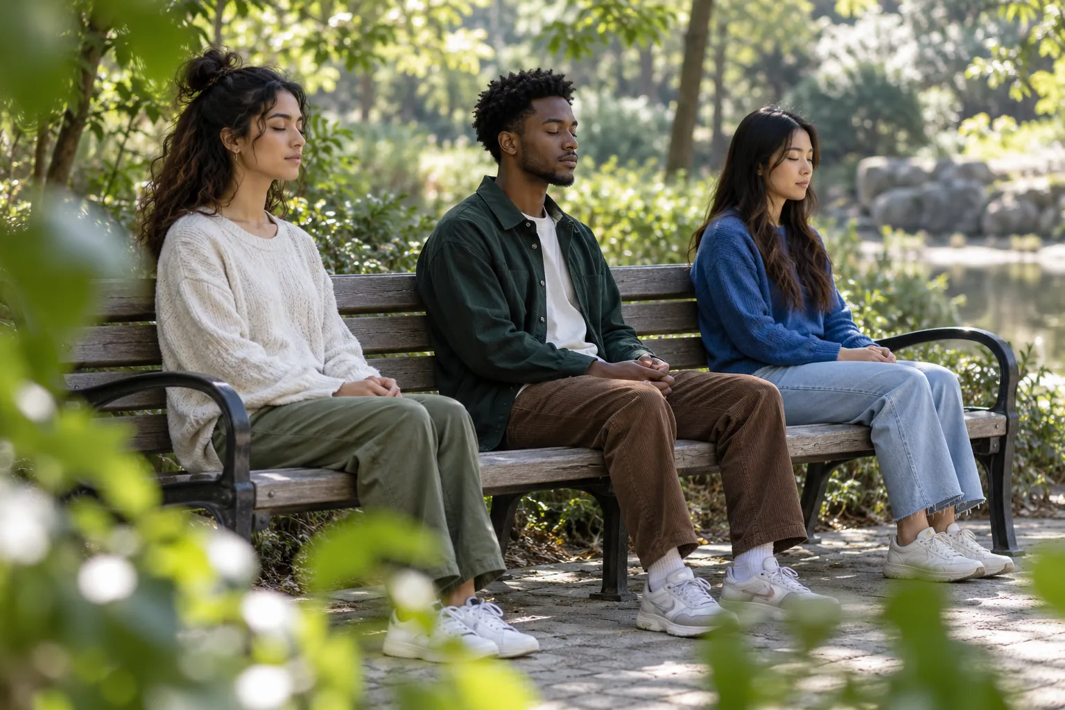 Illustration: Young adults pause for quiet meditation on a park bench.