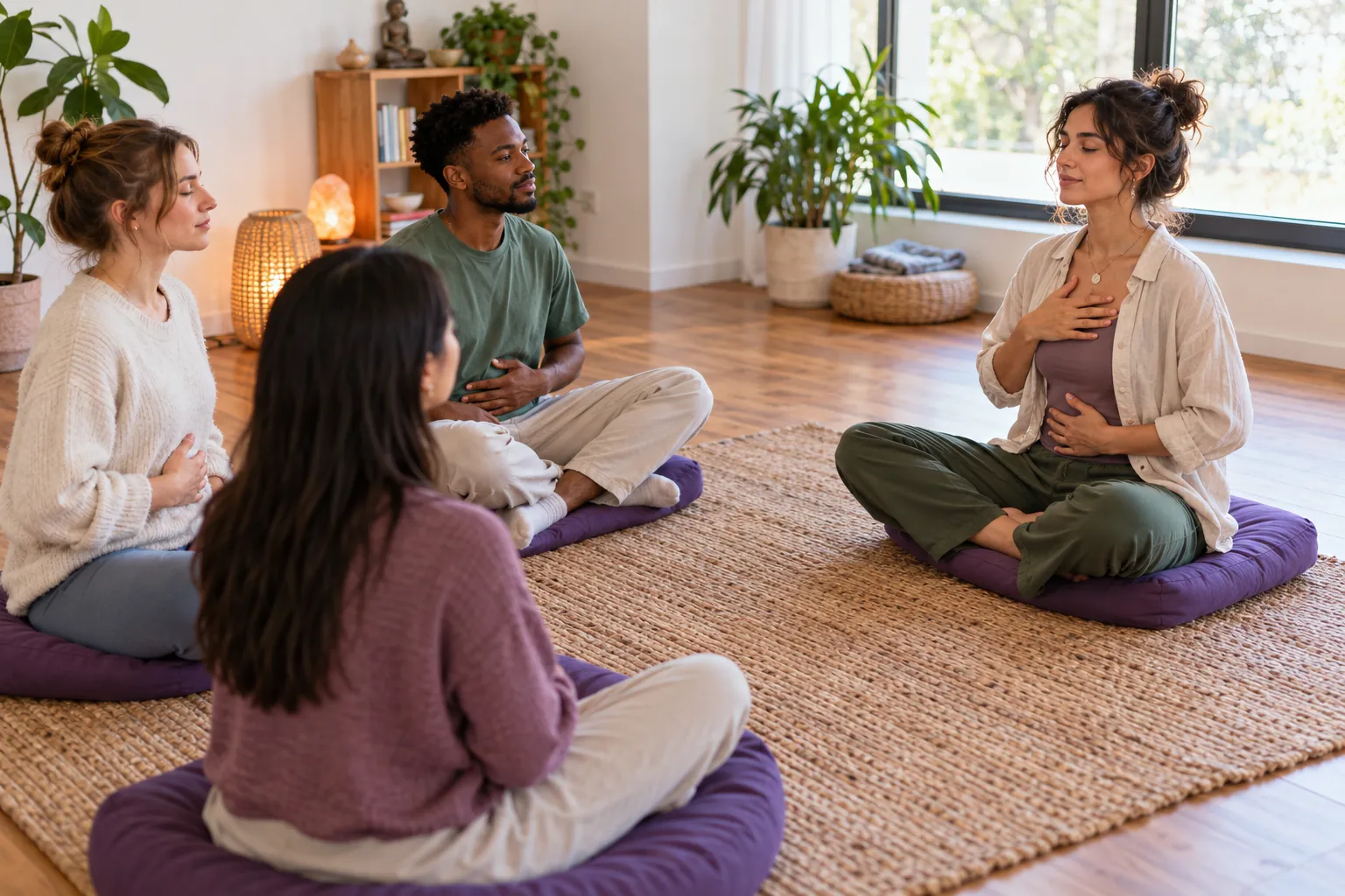 Illustration: Young adults follow a relaxed breathing exercise together.