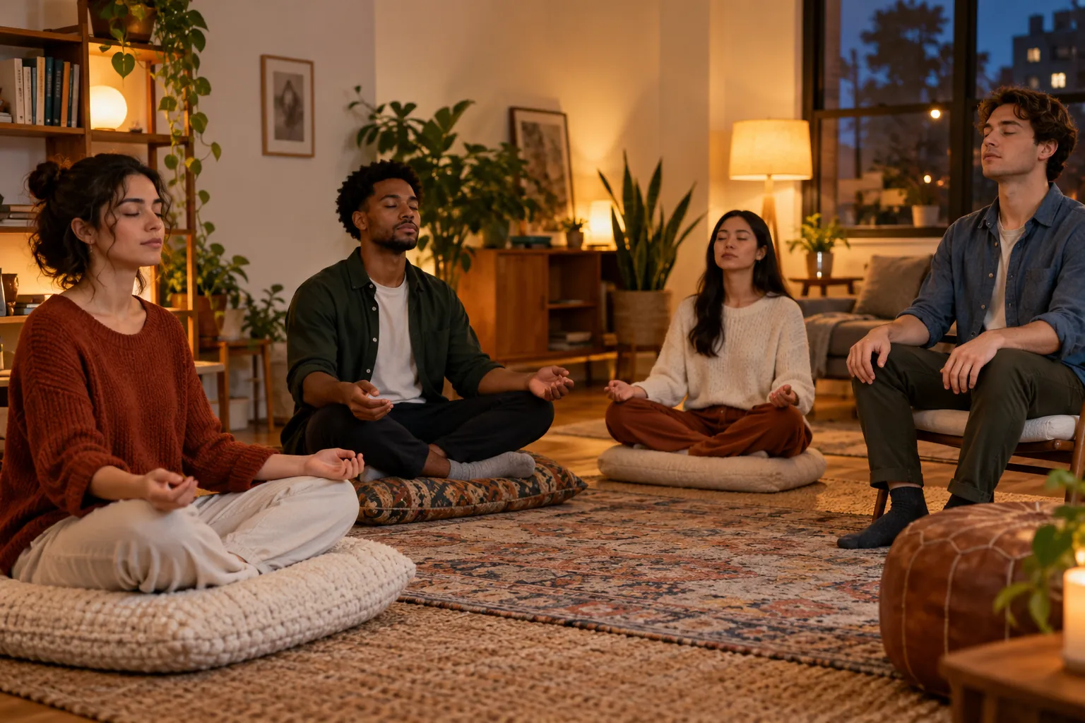 Illustration: Young adults settle into a quiet evening meditation session.