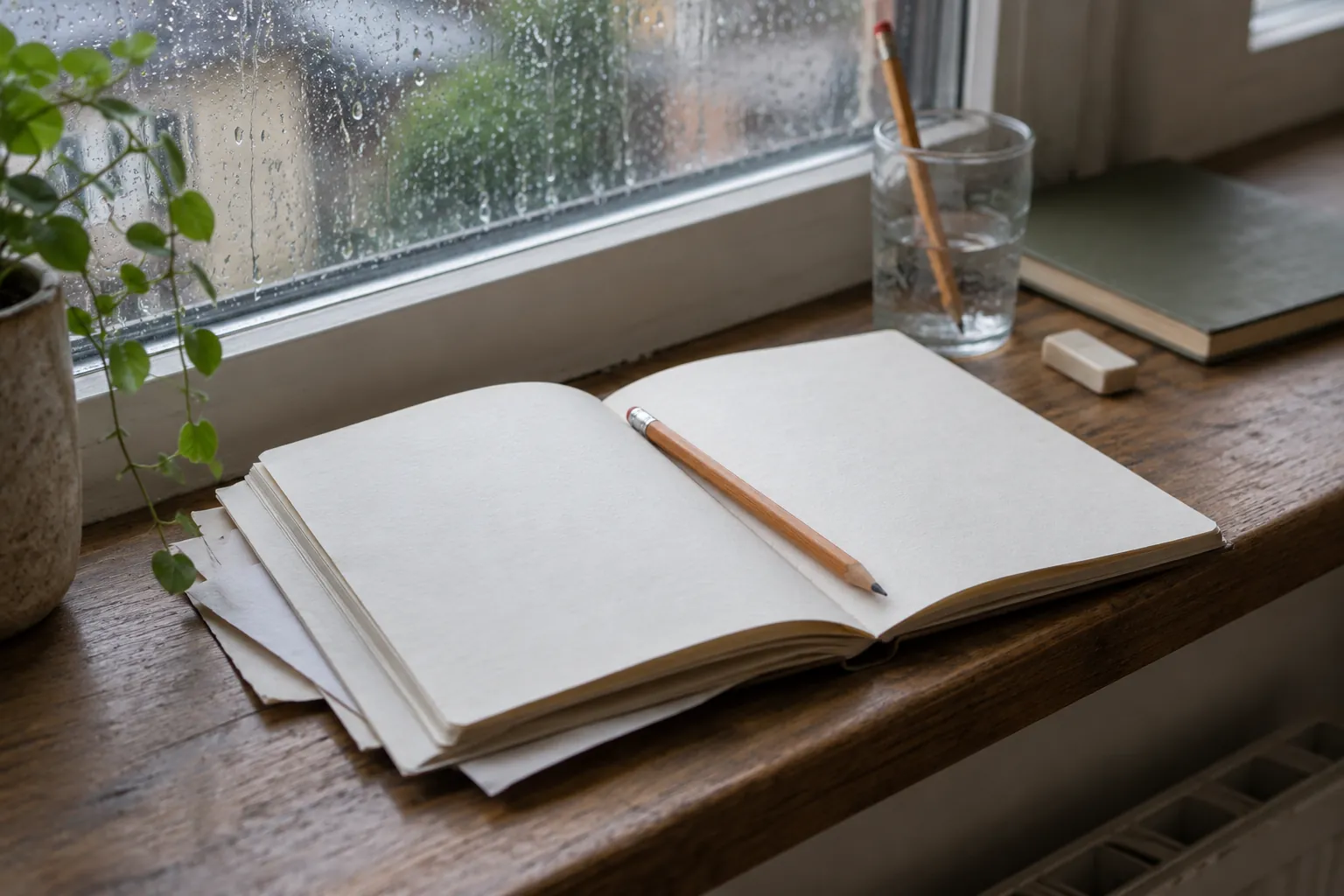 Illustration: An open blank notebook and pencils beside a softly lit window.
