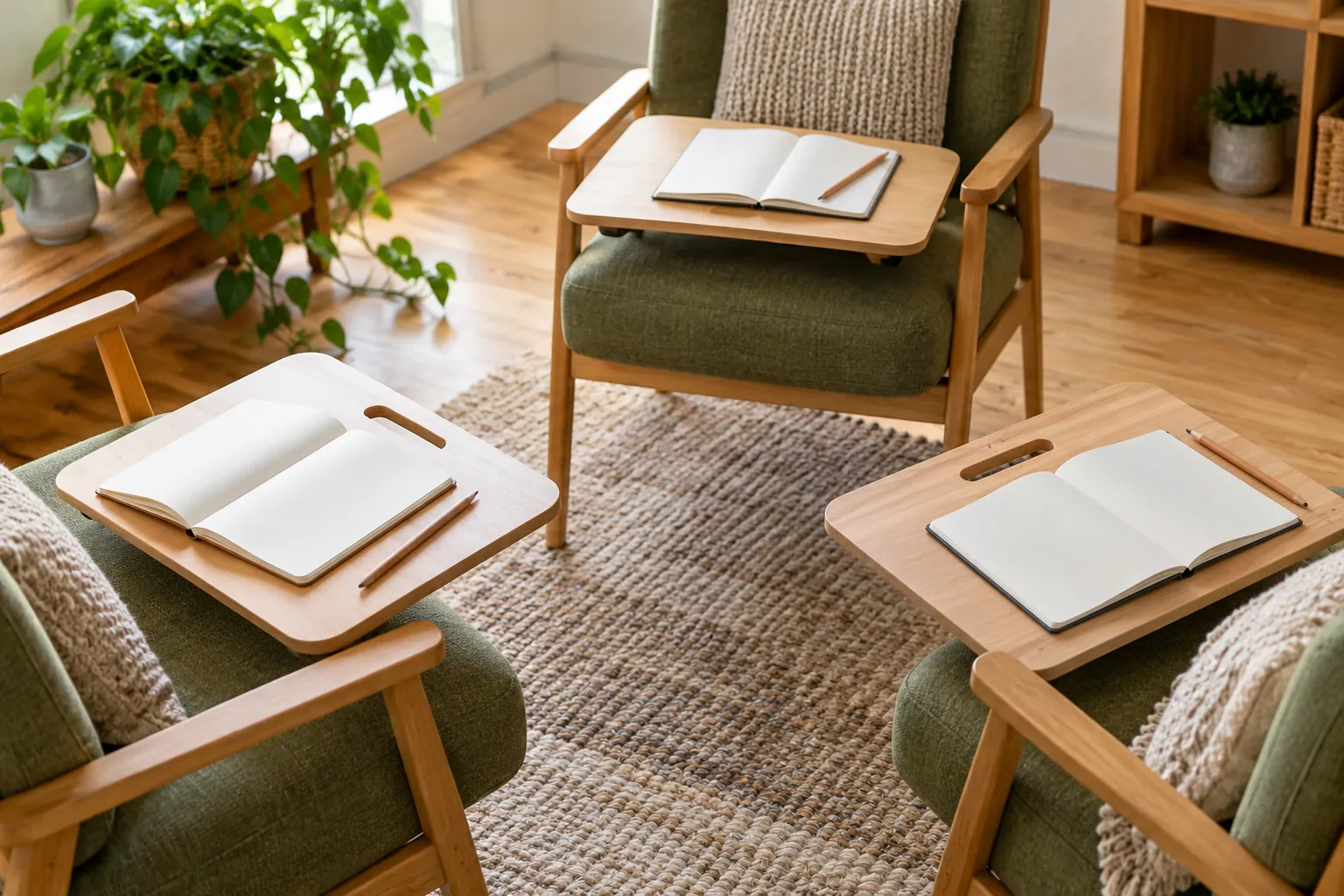 Illustration: Blank notebooks and lapboards arranged around empty chairs.