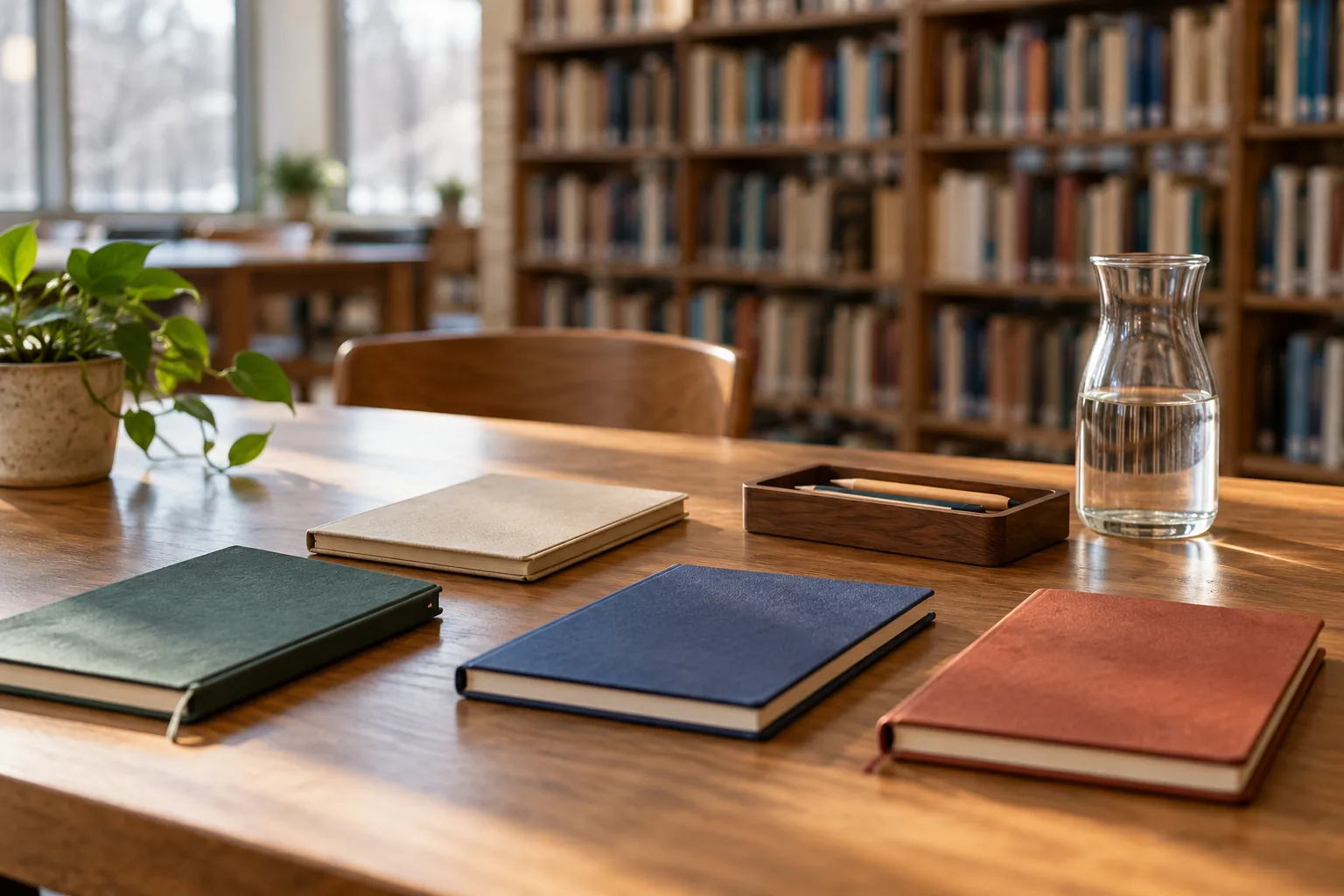 Illustration: Notebooks and pencils on a library table by a window.