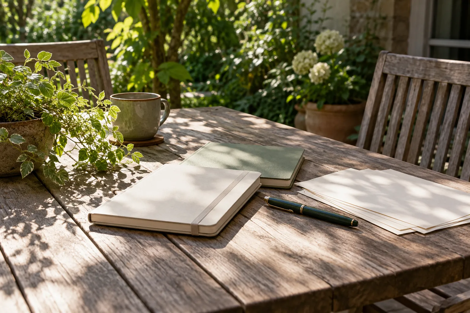 Illustration: Two blank notebooks and loose sheets on a sheltered garden table.