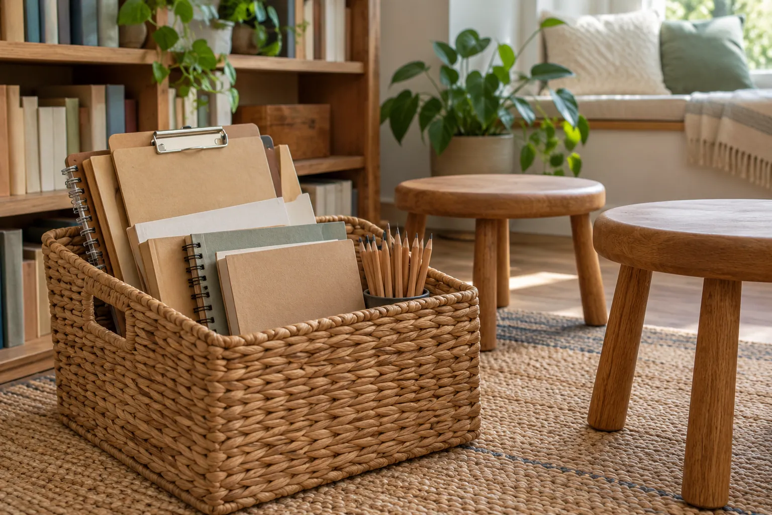 Illustration: A basket of notebooks, clipboards and pencils beside empty stools.