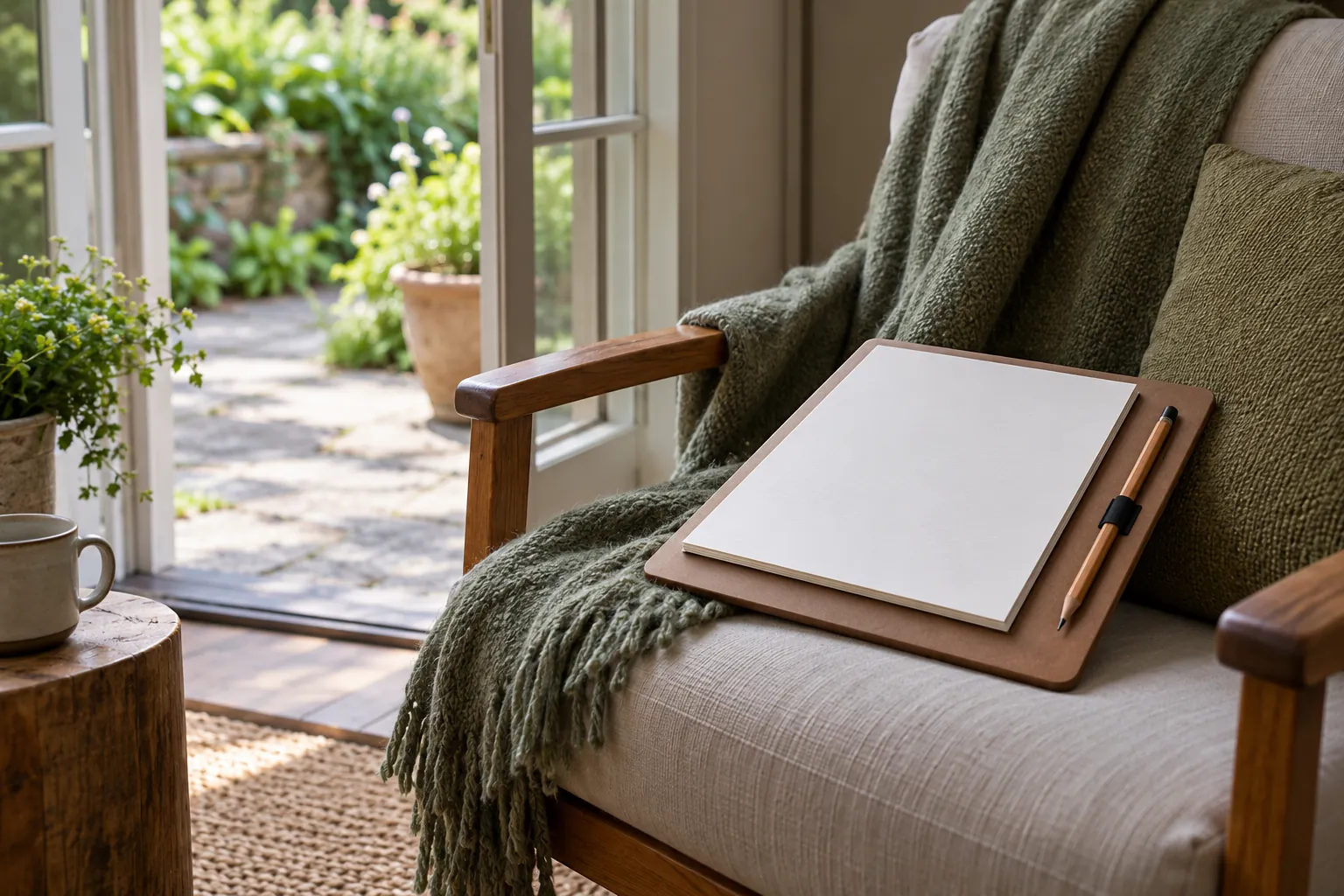 Illustration: A blank writing pad on a lapboard beside an open garden door.