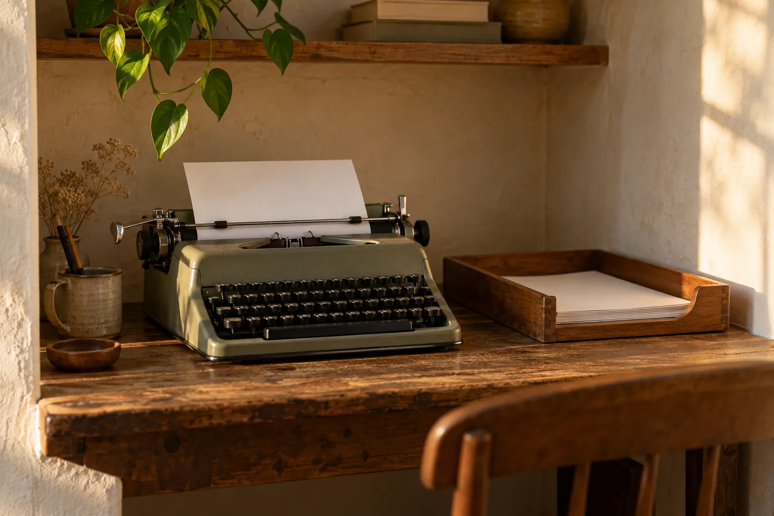 Illustration: A manual typewriter with blank paper in a quiet wall alcove.