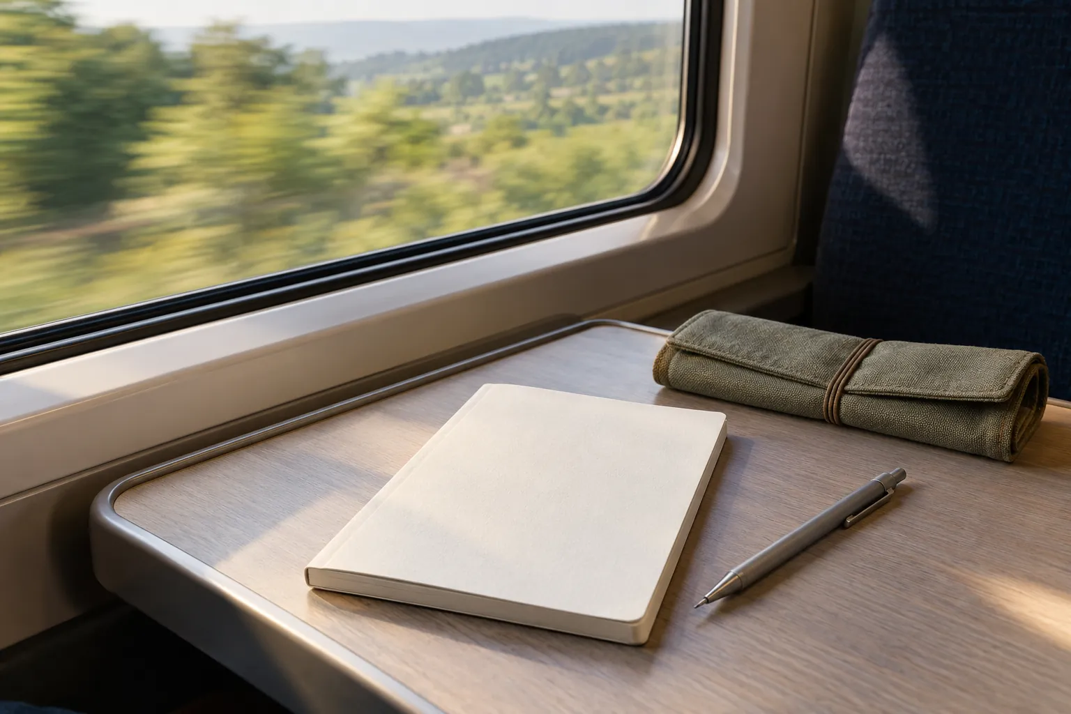 Illustration: A notebook and pencil on a narrow table beside a window.