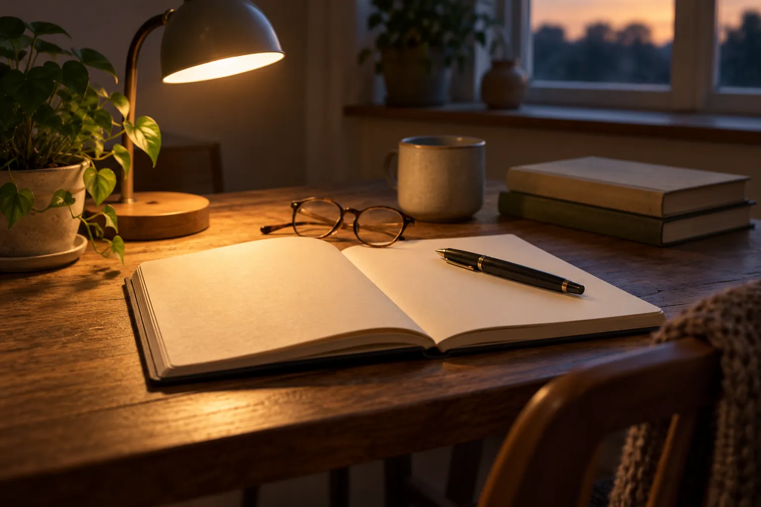 Illustration: A blank notebook, reading glasses and pen beneath an evening lamp.