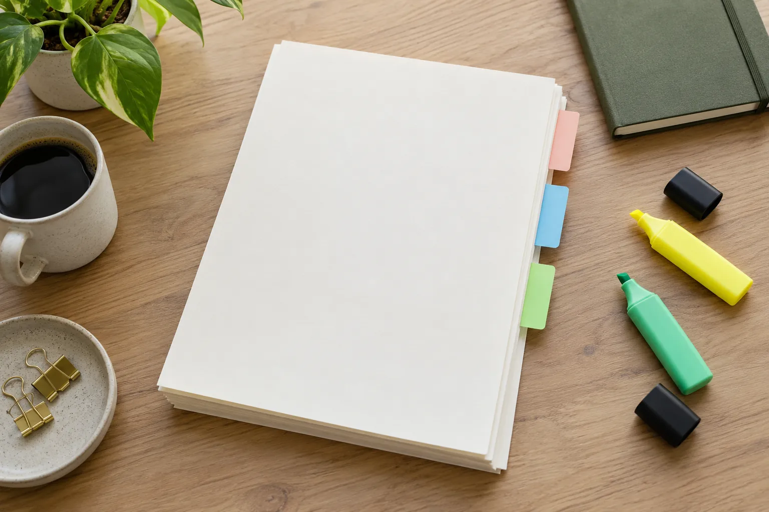 Illustration: A blank manuscript-sized paper stack with colored tabs and highlighters.