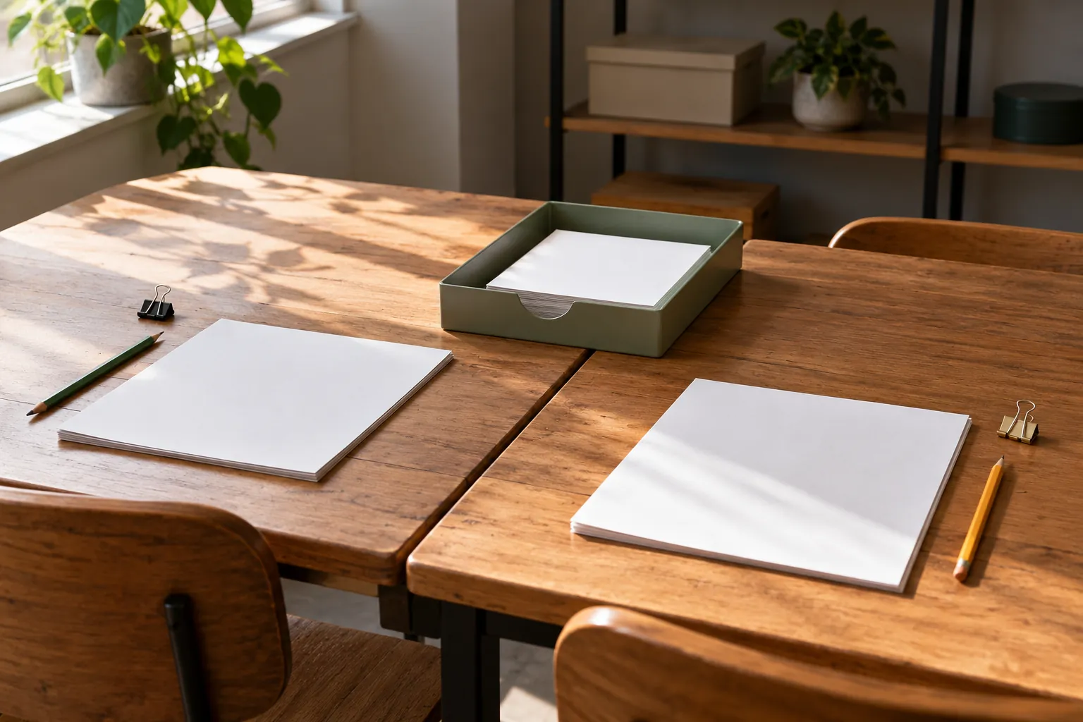 Illustration: Two adjoining desks with blank pages and editing pencils.