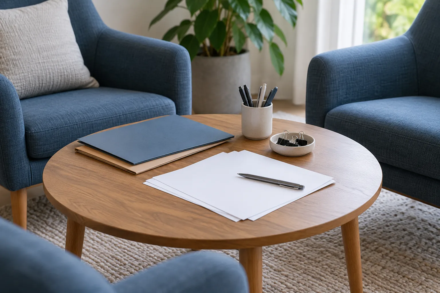 Illustration: Draft folders and blank sheets between two empty armchairs.