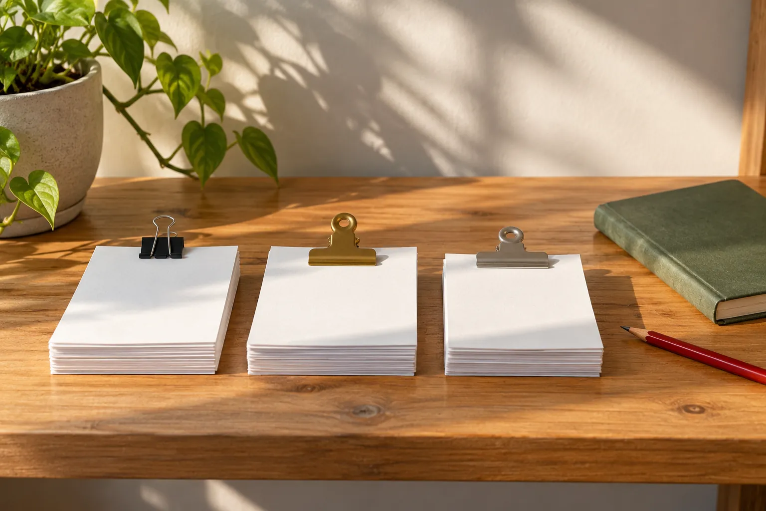 Illustration: Three clipped stacks of blank manuscript paper on a shelf.