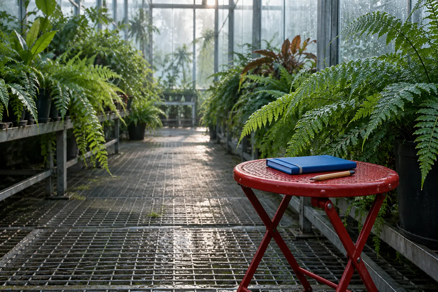 Illustration: A blue notebook on a red stool in an empty greenhouse.