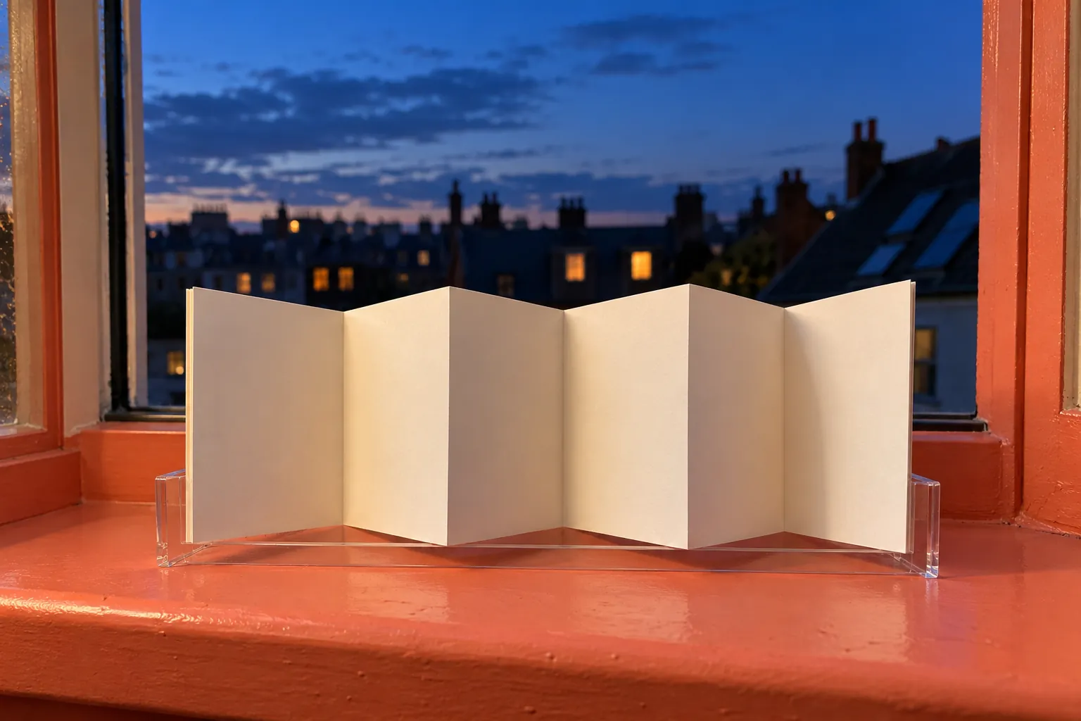 Illustration: A blank accordion book silhouetted at a coral workshop window.