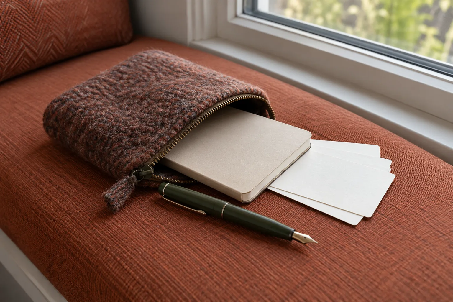 Illustration: A pocket notebook, pen and blank cards beside a wool pouch.