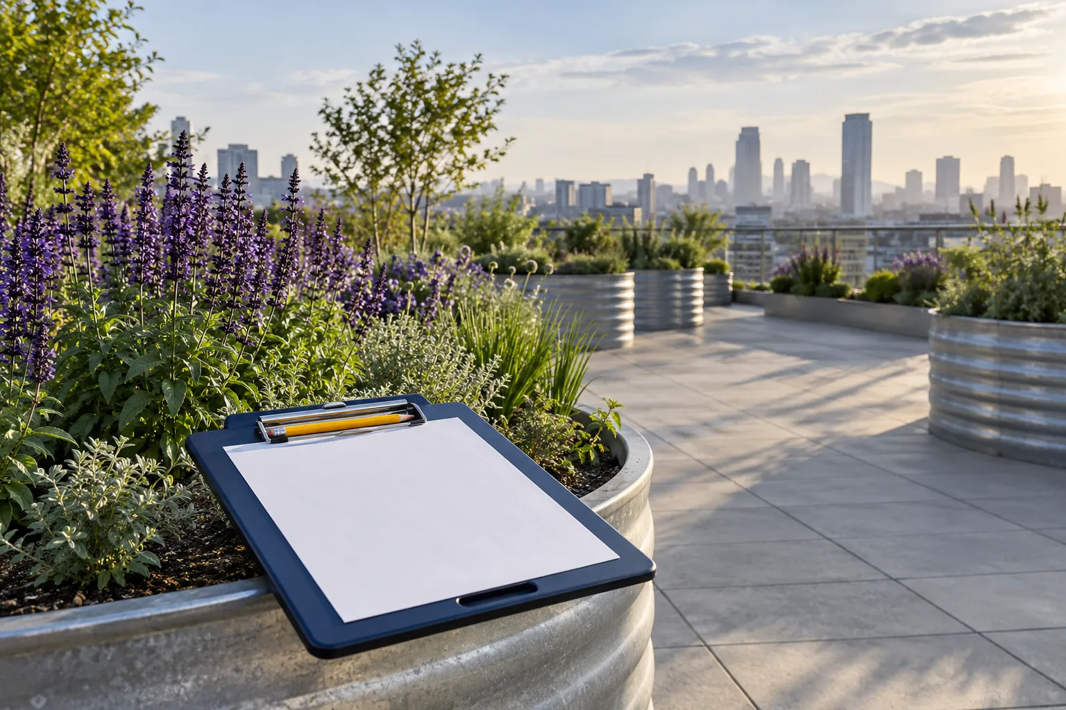 Illustration: A writing board and yellow pencil beside rooftop flowers.
