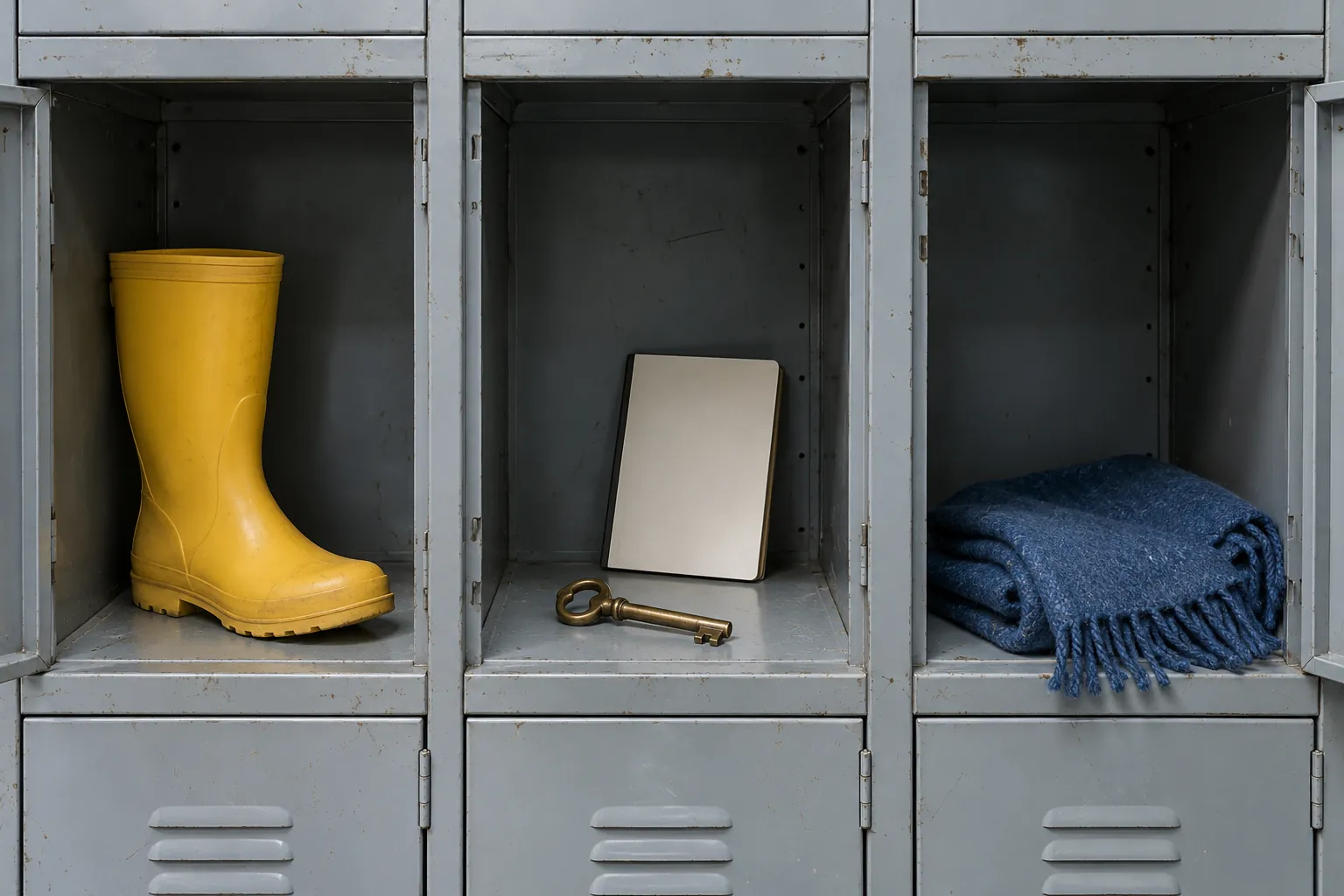 Illustration: A rain boot, key, scarf and notebook in a prop locker.