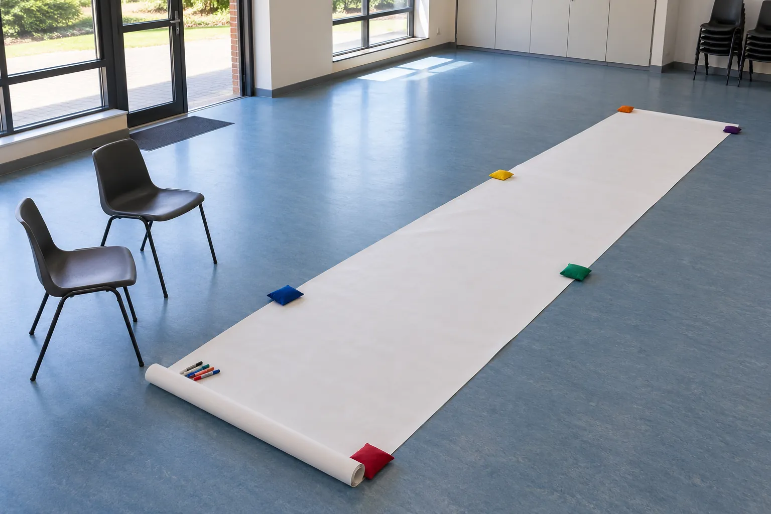 Illustration: A long paper roll spread across a blue community-room floor.