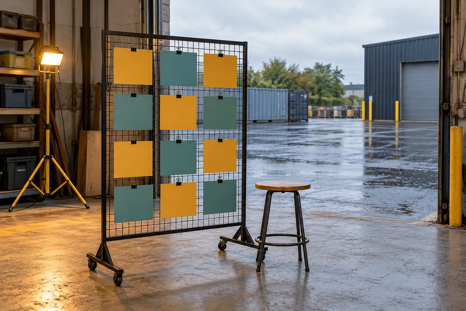 Illustration: Blank story cards on a mesh stand in an open workshop.
